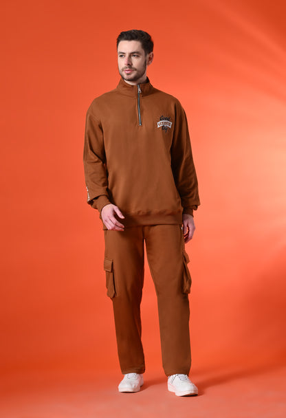 Sienna Brown Oversized Fleece Half Zipper Co-ord Set with Cargo Pant