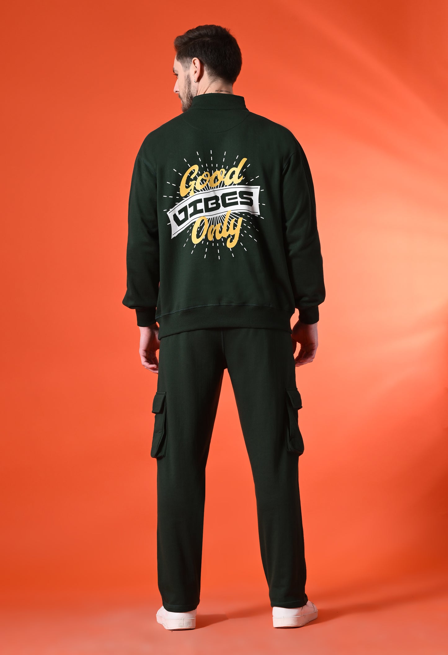 British Green Oversized Fleece Half Zipper Co-ord Set with Cargo Pant