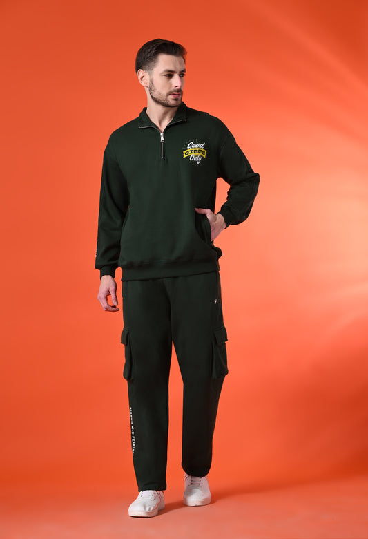 British Green Oversized Fleece Half Zipper Co-ord Set with Cargo Pant