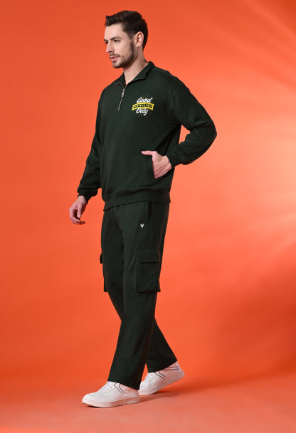 British Green Oversized Fleece Half Zipper Co-ord Set with Cargo Pant