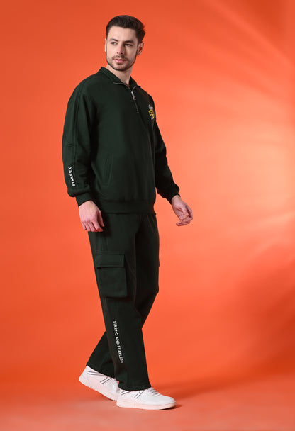 British Green Oversized Fleece Half Zipper Co-ord Set with Cargo Pant