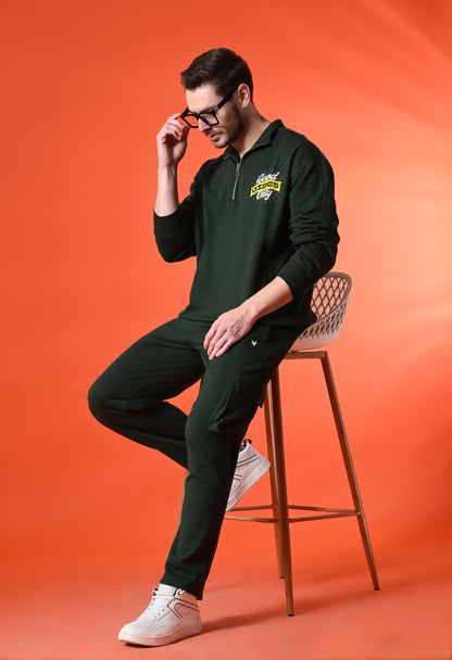 British Green Oversized Fleece Half Zipper Co-ord Set with Cargo Pant