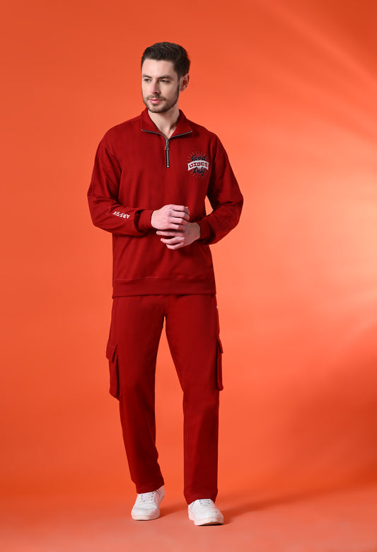 Crimson Red Oversized Fleece Half Zipper Co-ord Set with Cargo Pant