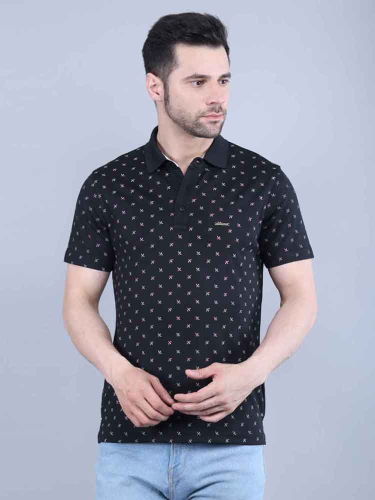 All Over Printed Black Pique Polo T-shirt