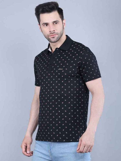 All Over Printed Black Pique Polo T-shirt