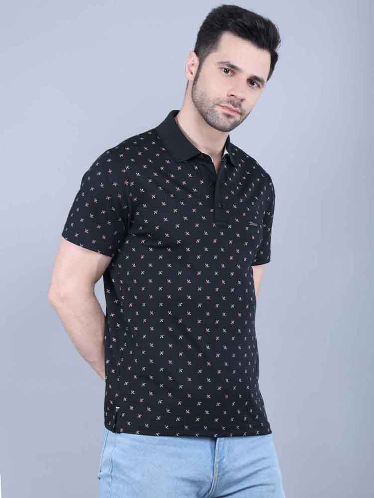 All Over Printed Black Pique Polo T-shirt