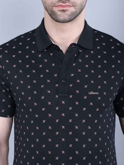 All Over Printed Black Pique Polo T-shirt