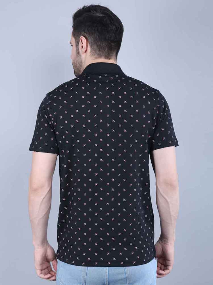 All Over Printed Black Pique Polo T-shirt