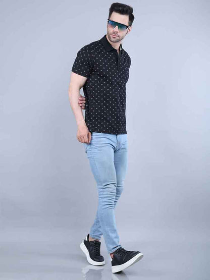 All Over Printed Black Pique Polo T-shirt