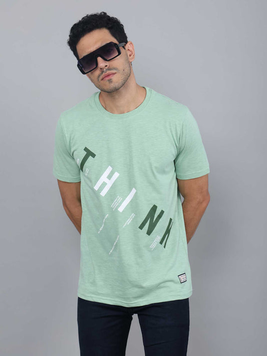 Printed Men Round Neck Light Green T-Shirt