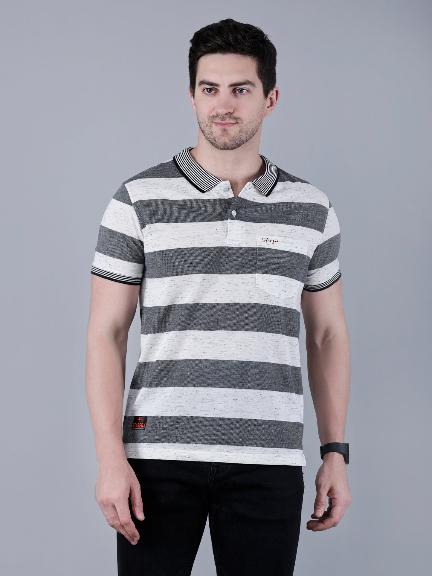 Men's Striped Polo Neck Cotton Blend T-Shirt