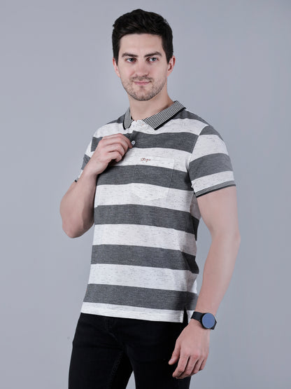 Men's Striped Polo Neck Cotton Blend T-Shirt