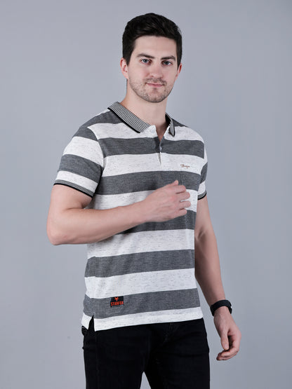 Men's Striped Polo Neck Cotton Blend T-Shirt