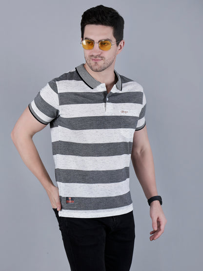 Men's Striped Polo Neck Cotton Blend T-Shirt