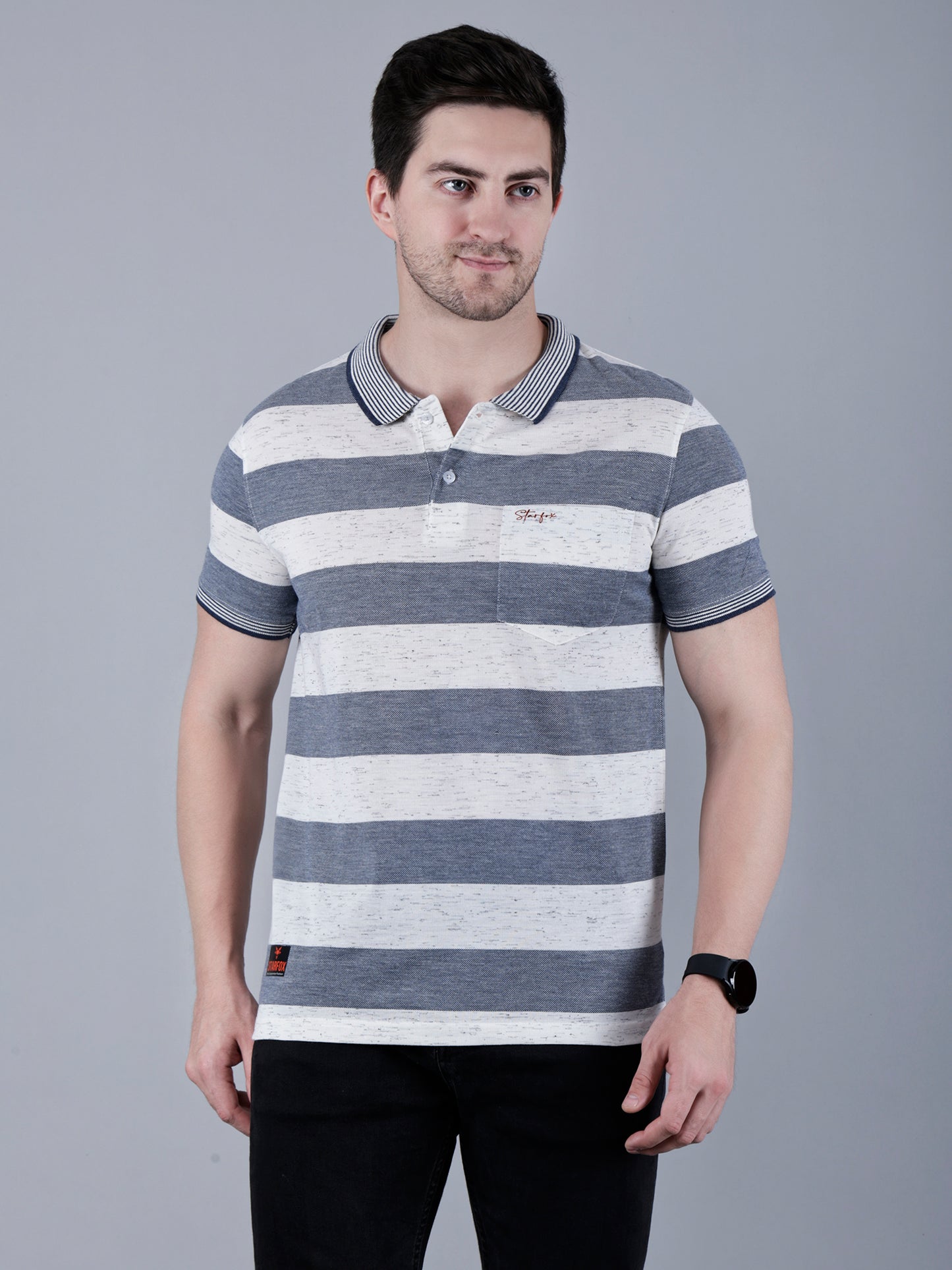 Men's Striped Polo Neck Cotton Blend T-Shirt