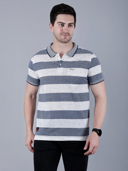 Men's Striped Polo Neck Cotton Blend T-Shirt