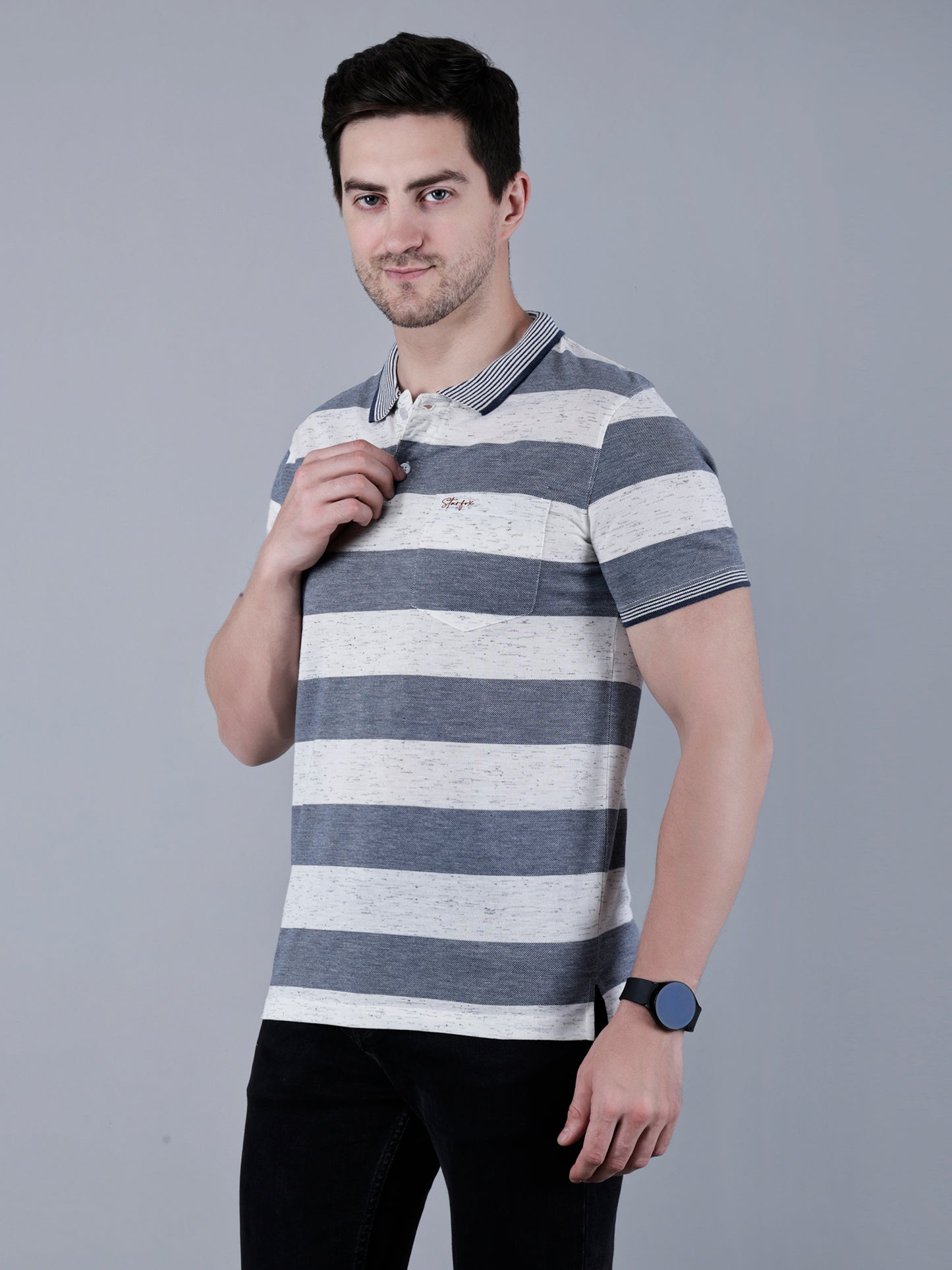 Men's Striped Polo Neck Cotton Blend T-Shirt