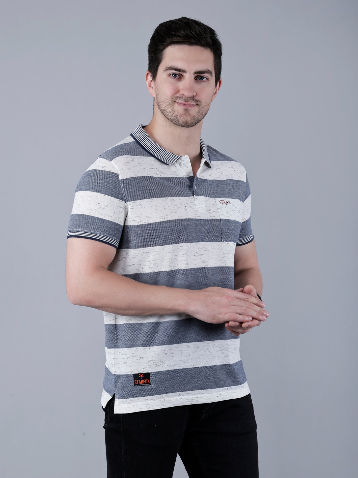 Men's Striped Polo Neck Cotton Blend T-Shirt