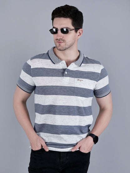 Men's Striped Polo Neck Cotton Blend T-Shirt