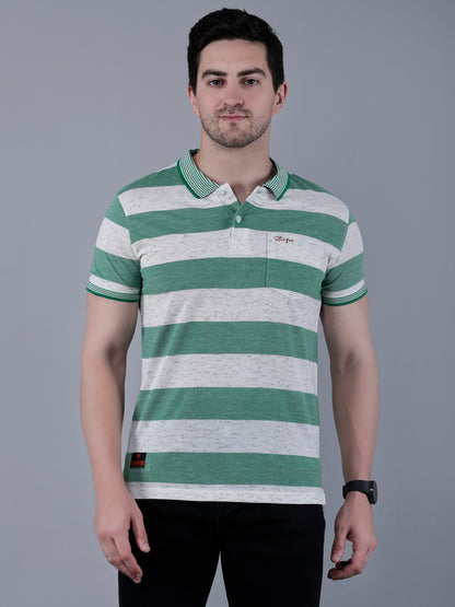 Men's Striped Polo Neck Cotton Blend T-Shirt