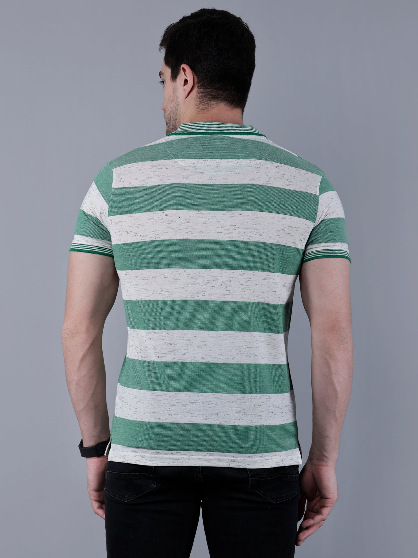 Men's Striped Polo Neck Cotton Blend T-Shirt