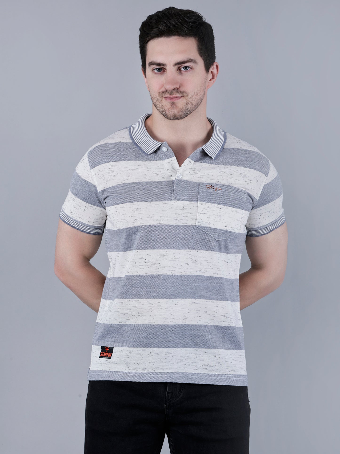 Men's Striped Polo Neck Cotton Blend T-Shirt