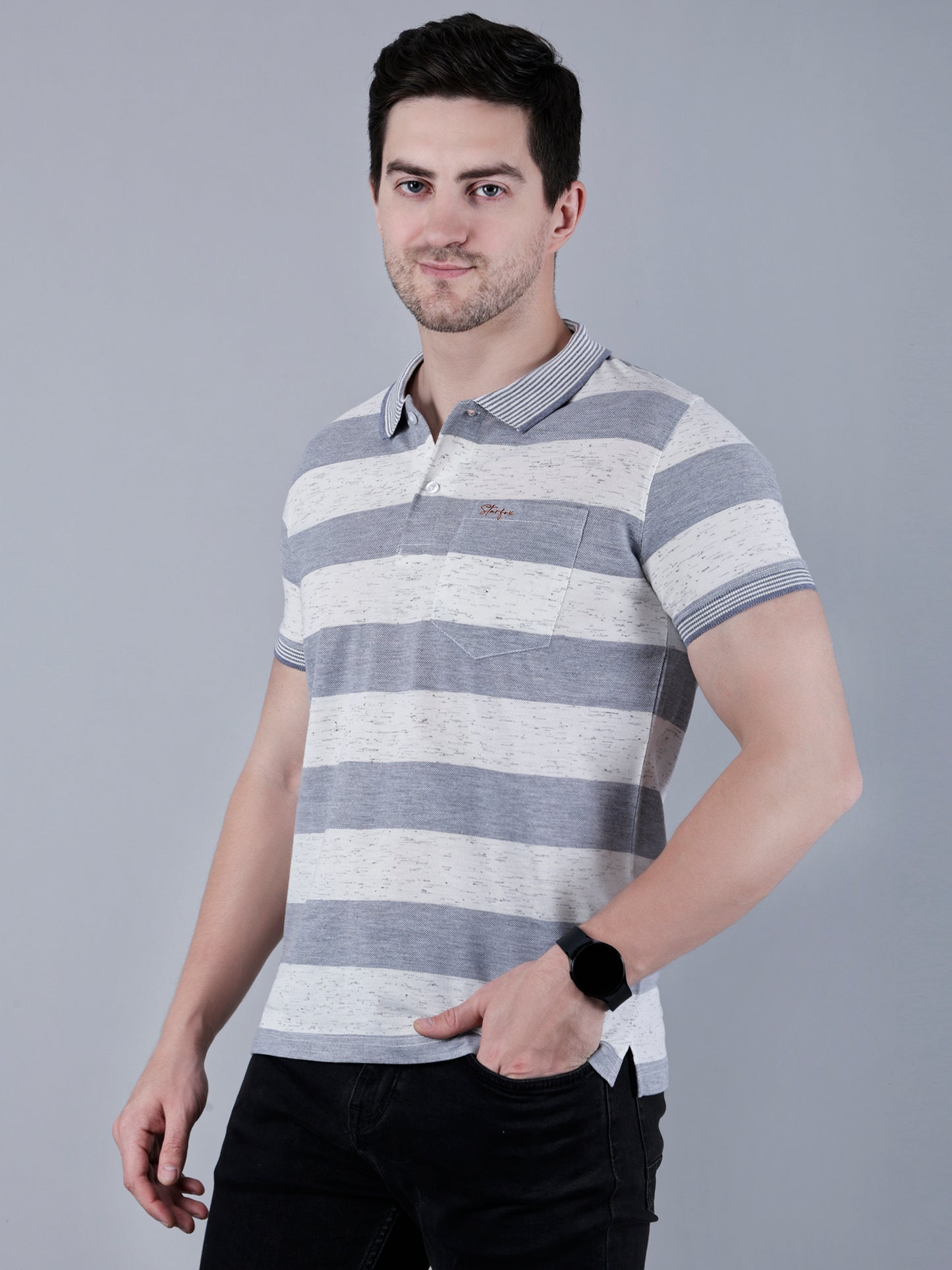 Men's Striped Polo Neck Cotton Blend T-Shirt