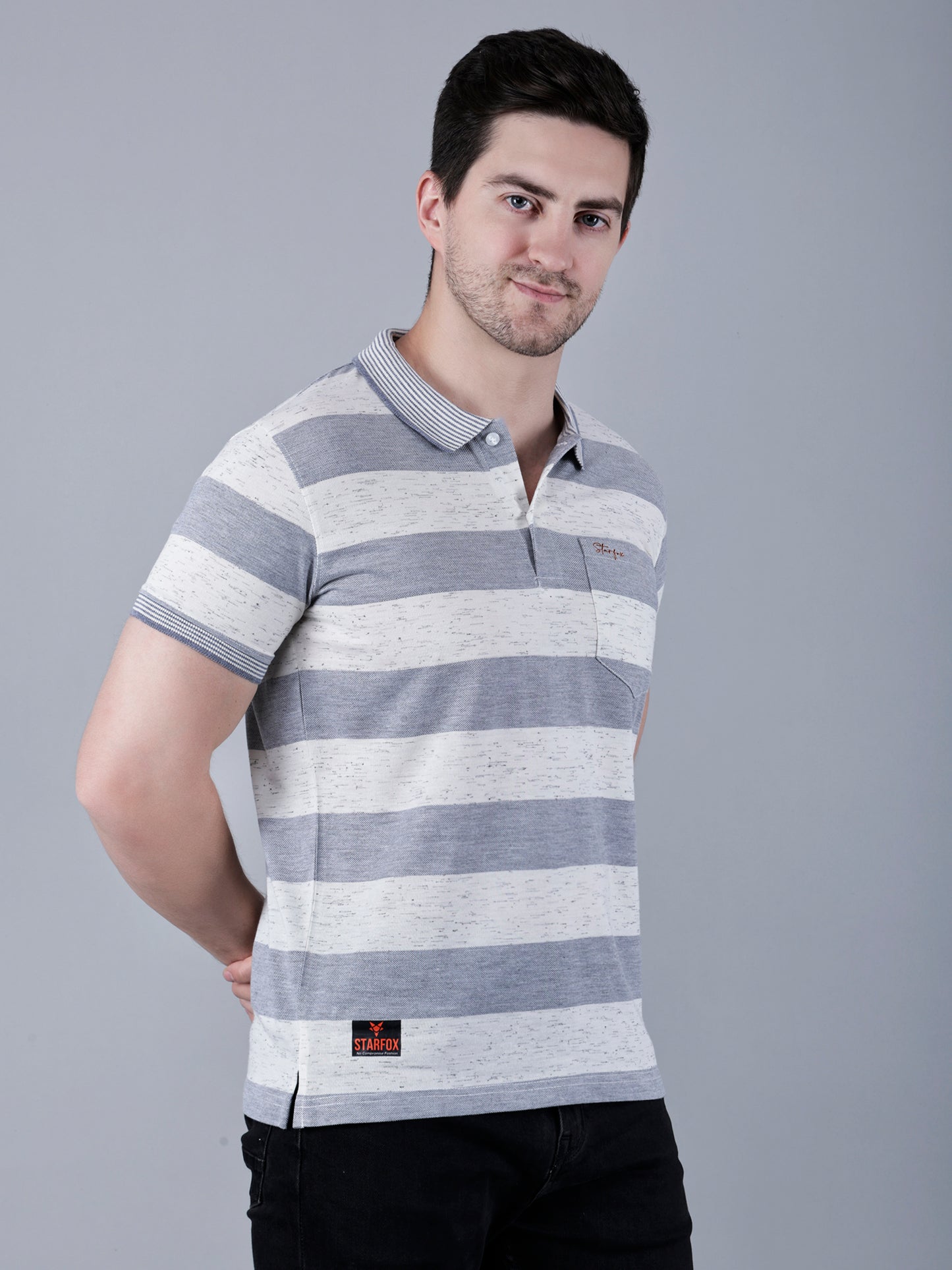 Men's Striped Polo Neck Cotton Blend T-Shirt