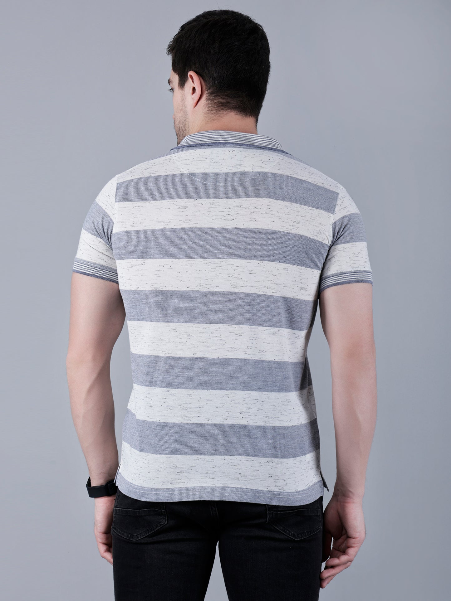 Men's Striped Polo Neck Cotton Blend T-Shirt