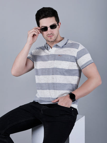 Men's Striped Polo Neck Cotton Blend T-Shirt