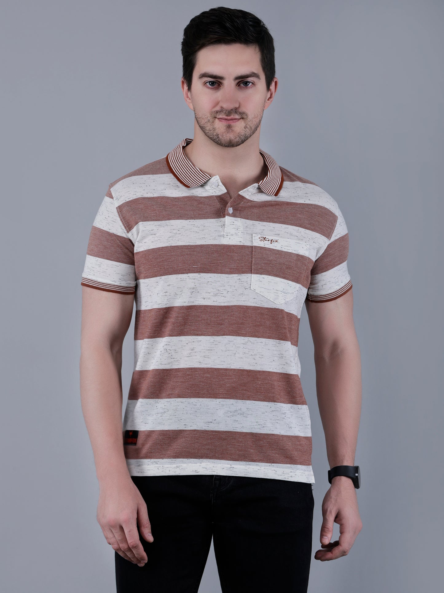 Men's Striped Polo Neck Cotton Blend T-Shirt