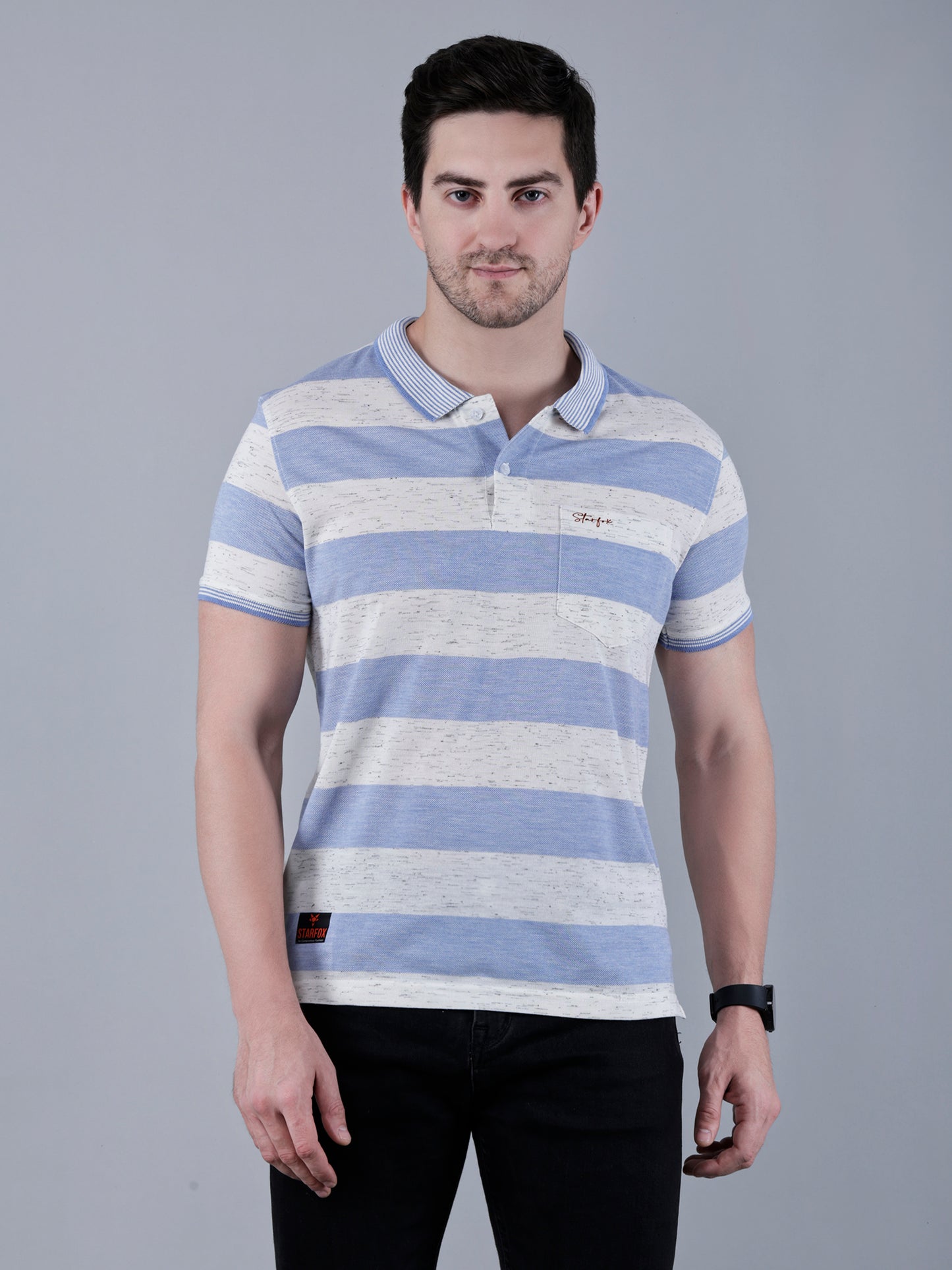 Men's Striped Polo Neck Cotton Blend T-Shirt