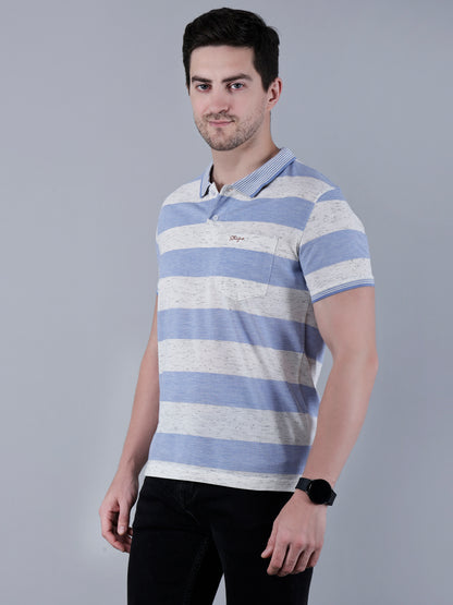 Men's Striped Polo Neck Cotton Blend T-Shirt