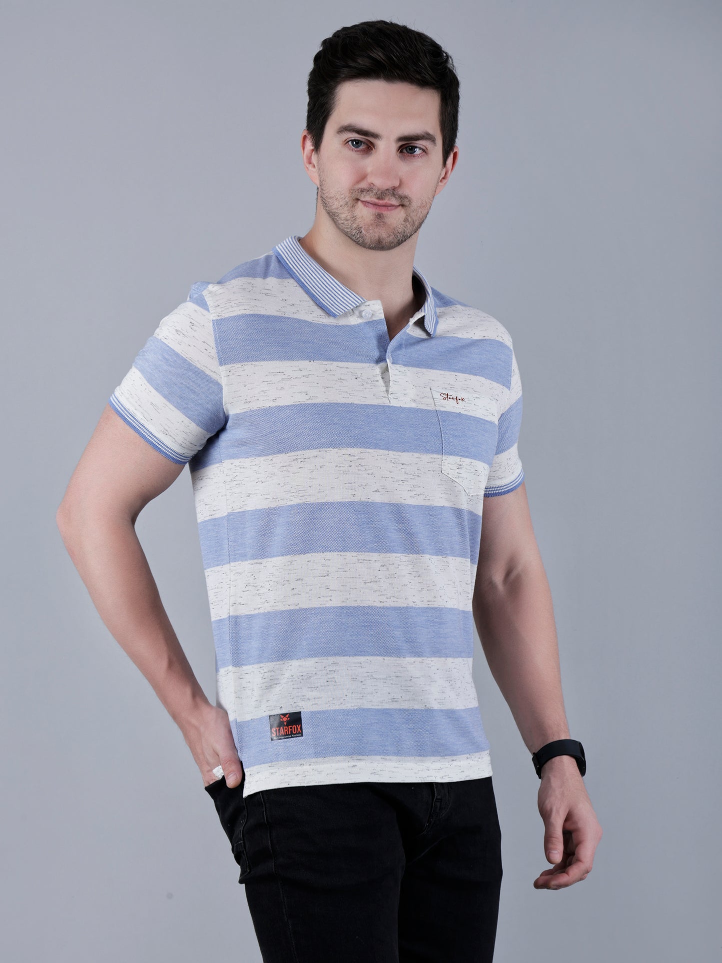 Men's Striped Polo Neck Cotton Blend T-Shirt