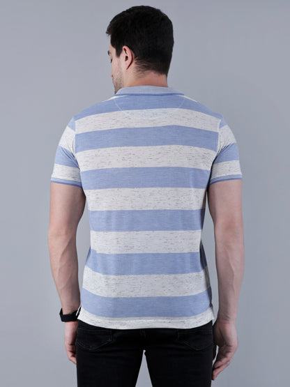 Men's Striped Polo Neck Cotton Blend T-Shirt