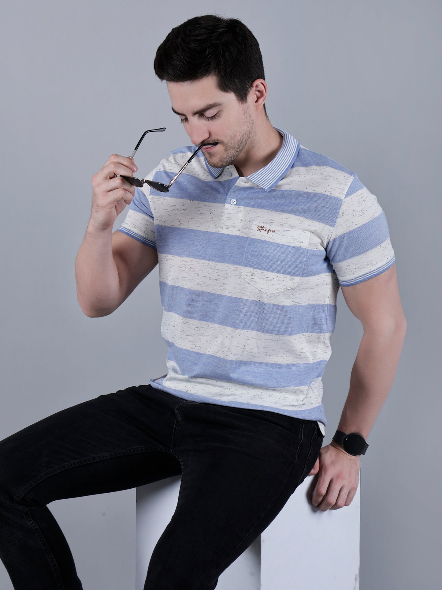 Men's Striped Polo Neck Cotton Blend T-Shirt