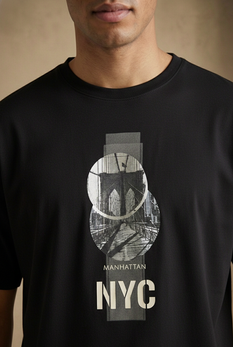 Men,s Oversized Black Hd Print T-Shirt (NYC)