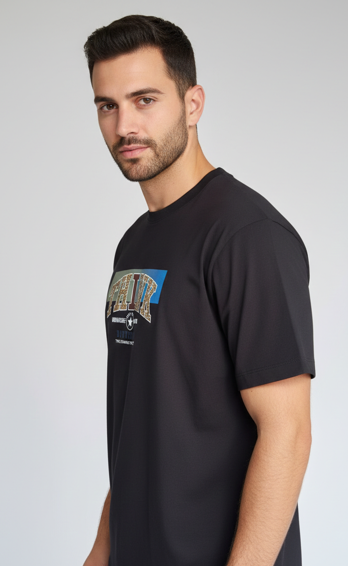 Men,s Oversized Black Hd Print T-Shirt (Think)