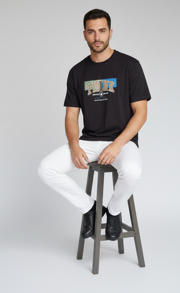 Men,s Oversized Black Hd Print T-Shirt (Think)