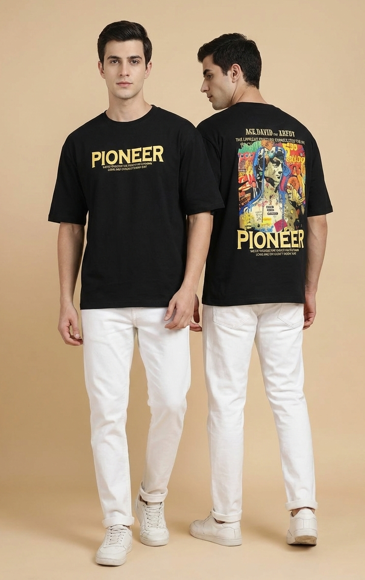 Men,s Oversized Black Print T-Shirt (Pioneer)