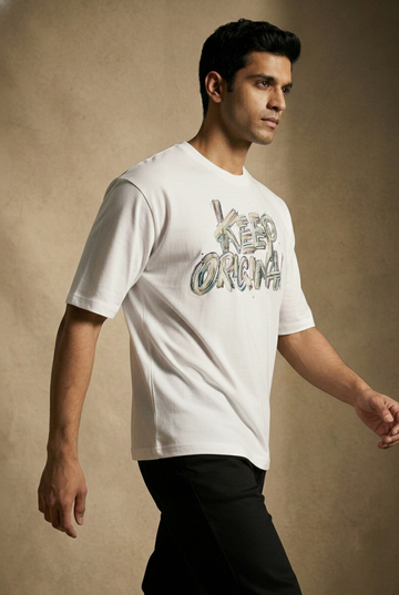 Men,s Oversized White Print T-Shirt (Get Original)