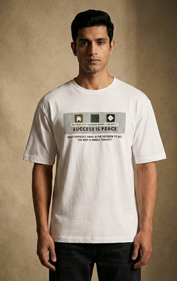 Men,s Oversized White Print T-Shirt (Success is Peace)