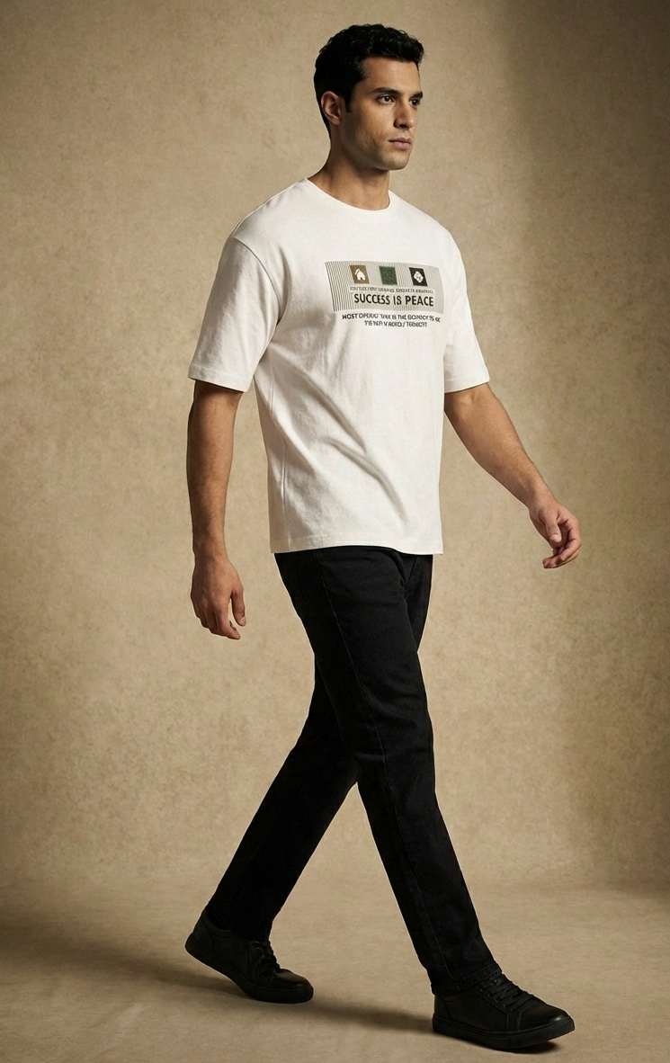 Men,s Oversized White Print T-Shirt (Success is Peace)