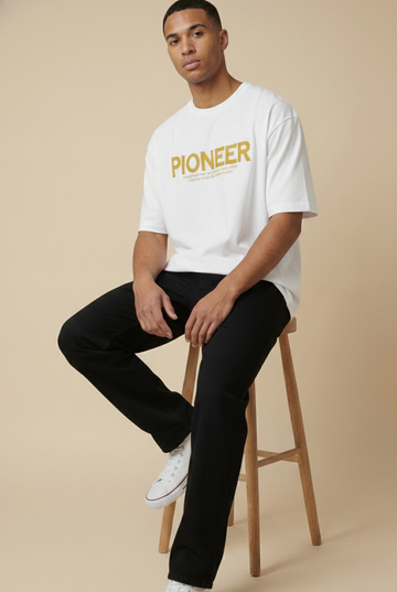 Men,s Oversized White Print T-Shirt (Pioneer)