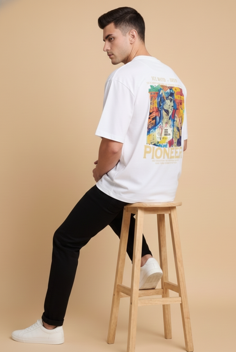 Men,s Oversized White Print T-Shirt (Pioneer)