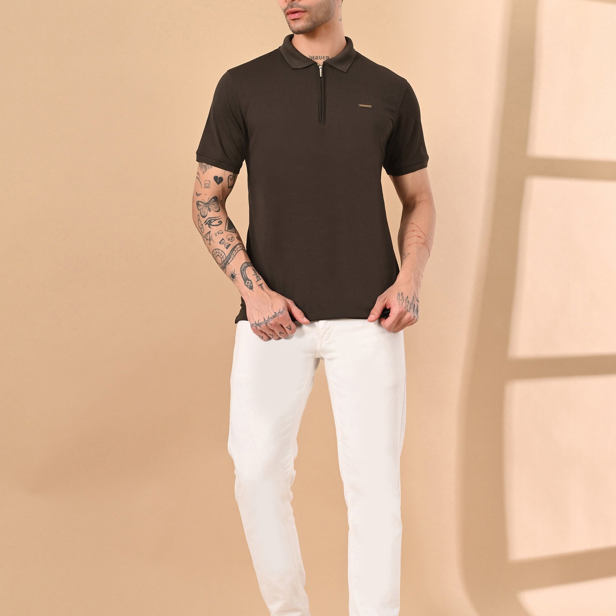 MOSS GREEN ZIPPER POLO DRY FIT FABRIC
