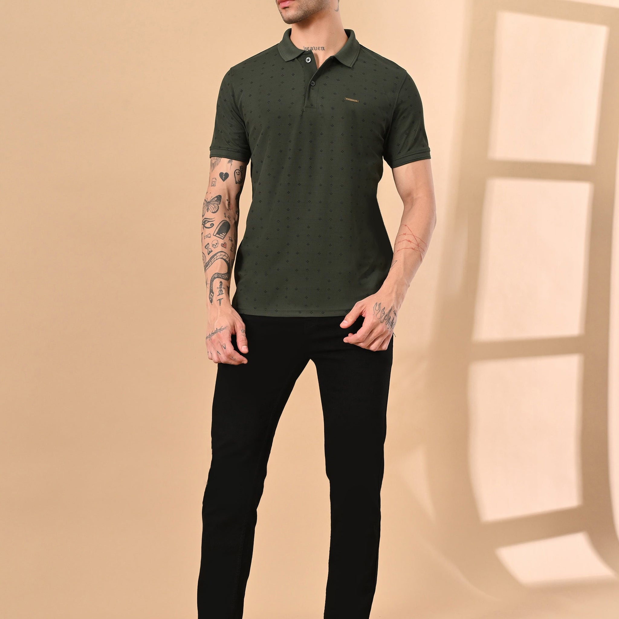 MOSS GREEN ALL OVER PRINTED DRY-FIT POLO