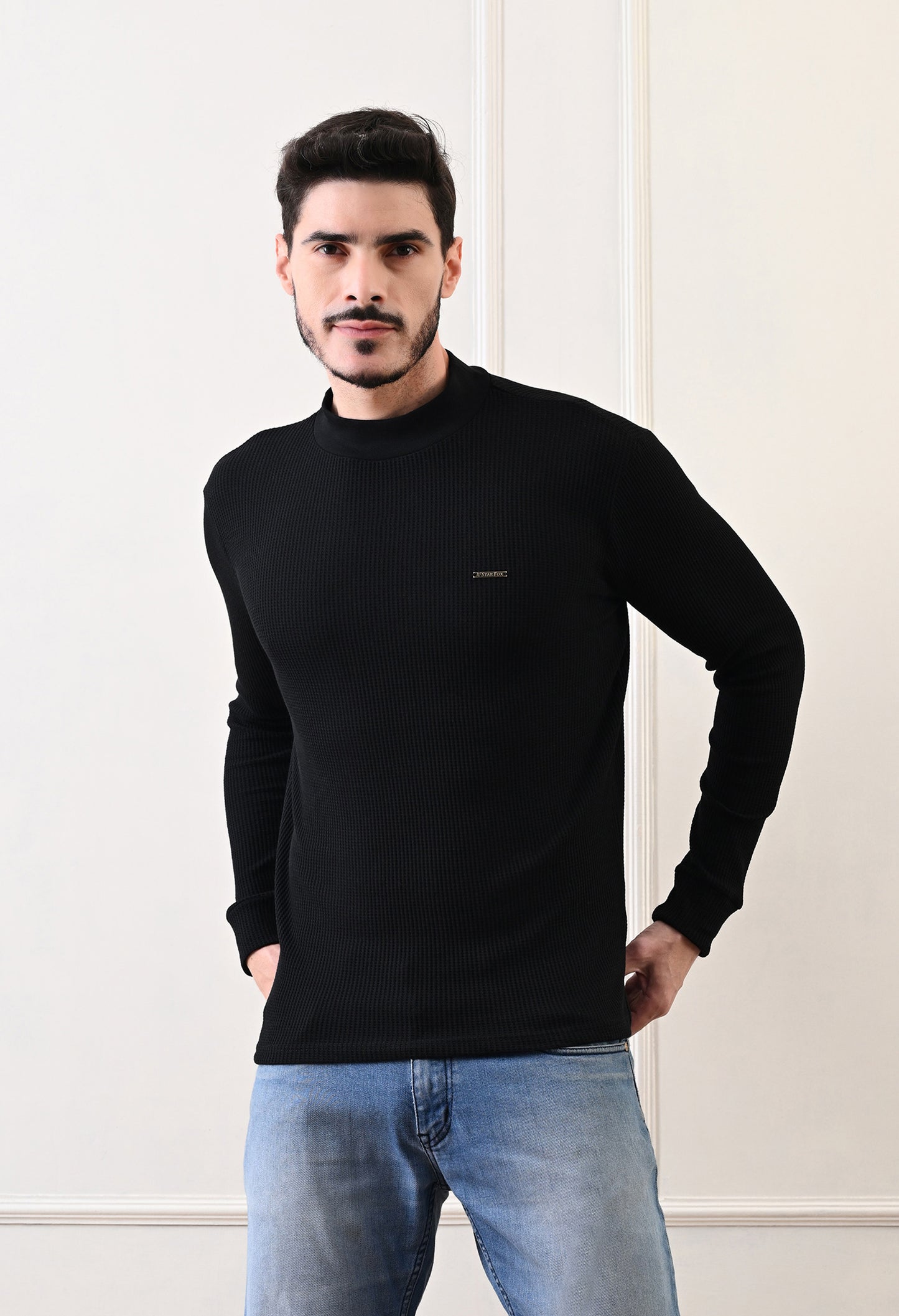 Men's Turtle Neck Textured Full Sleeve T-shirt