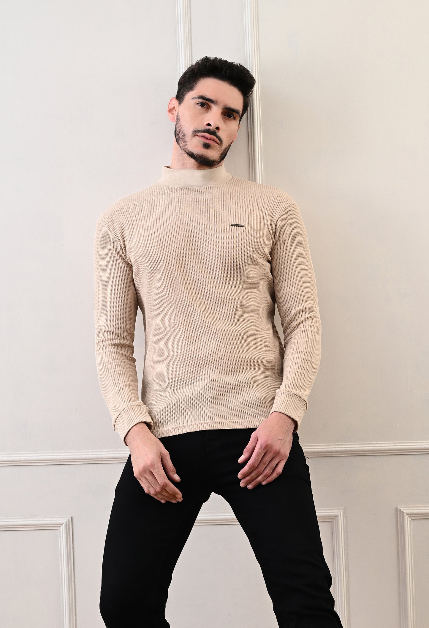 Men's Turtle Neck Textured Full Sleeve T-shirt