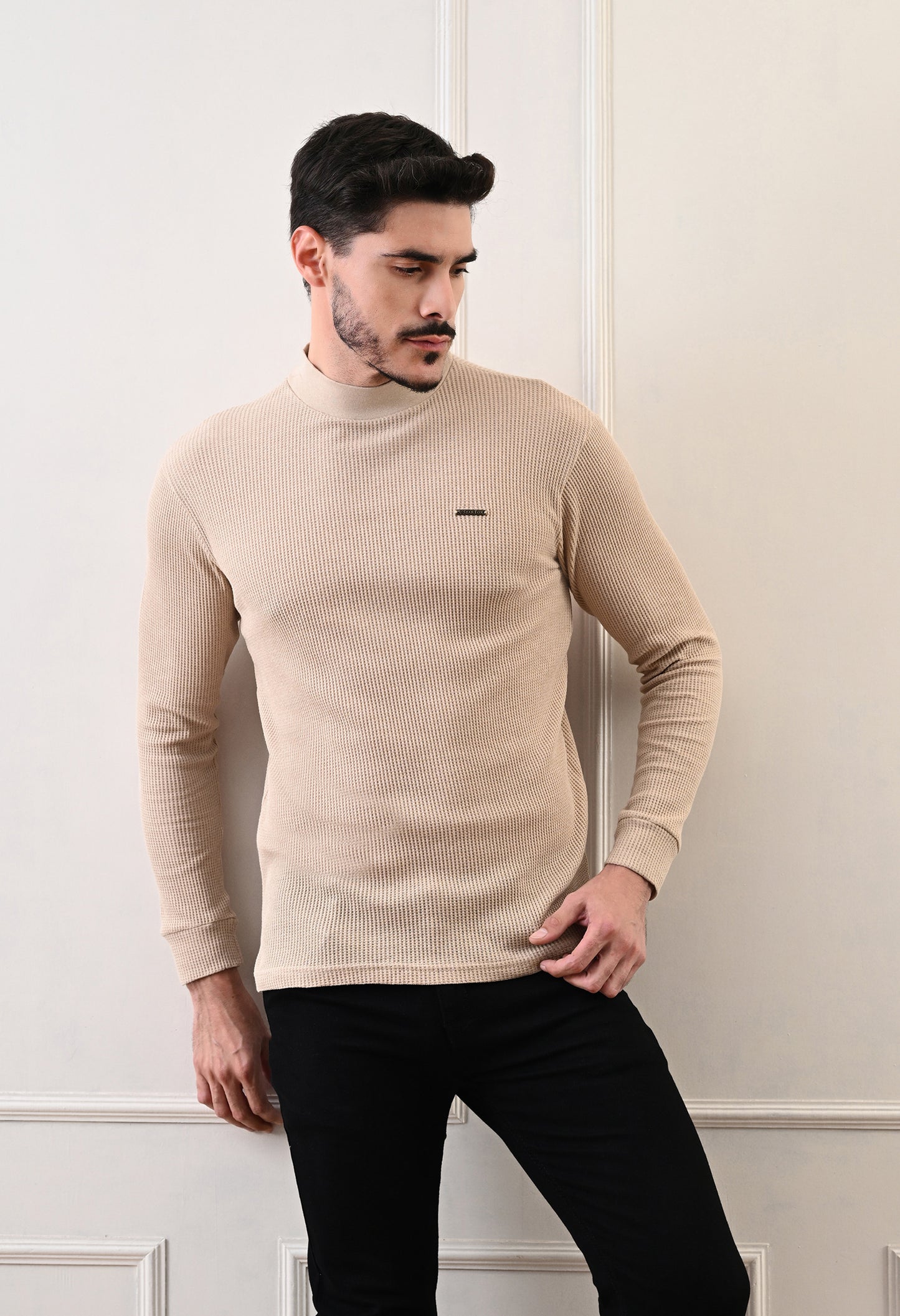 Men's Turtle Neck Textured Full Sleeve T-shirt